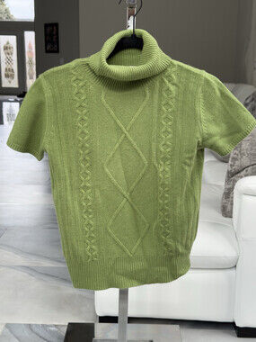 Evelyn Grace Cashmere Sweater Women Small Green Short Sleeve Turtle Neck Knit